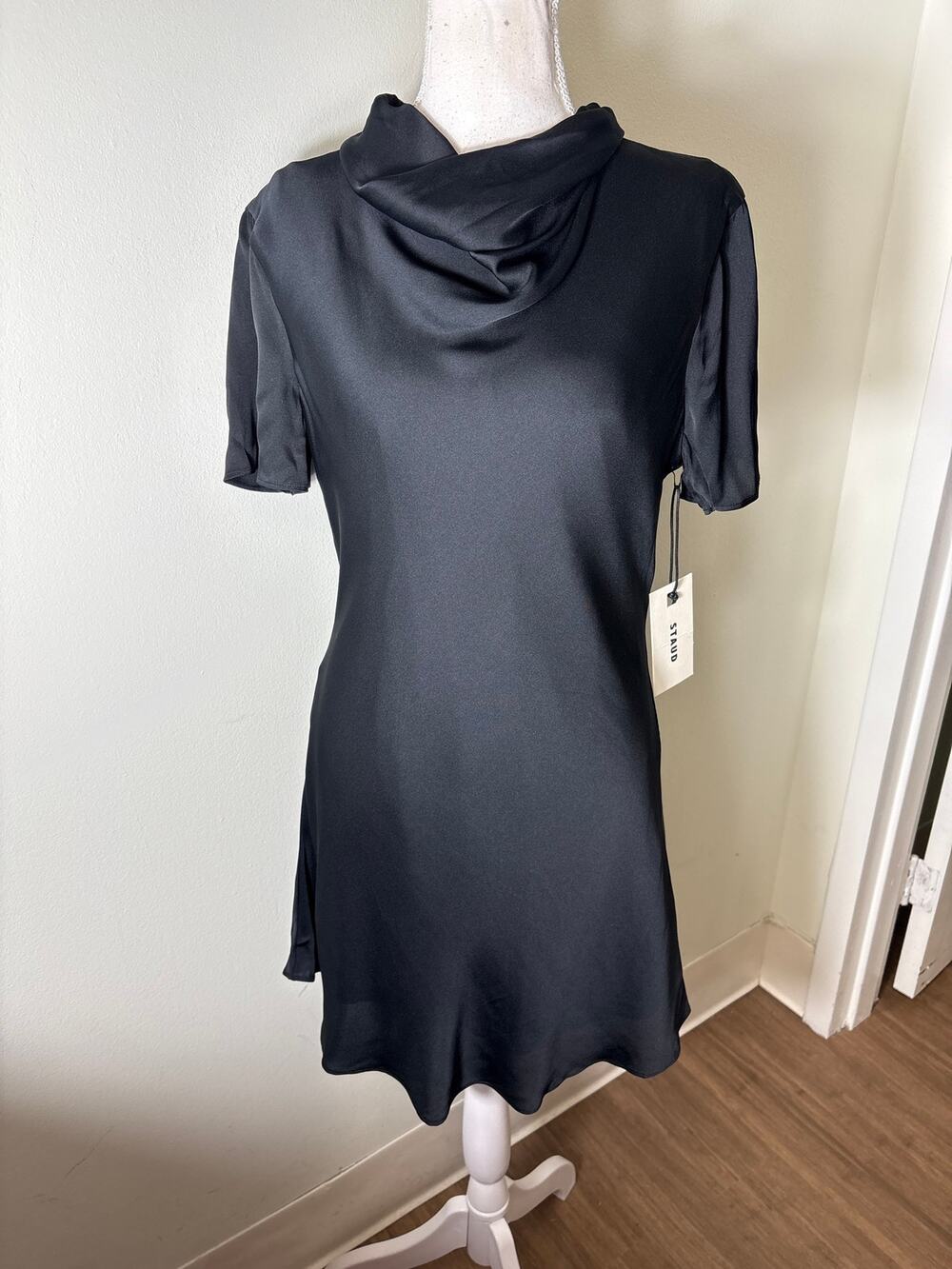 NWT Staud Black Short Sleeve Iris Silk Mini Dress Sz M